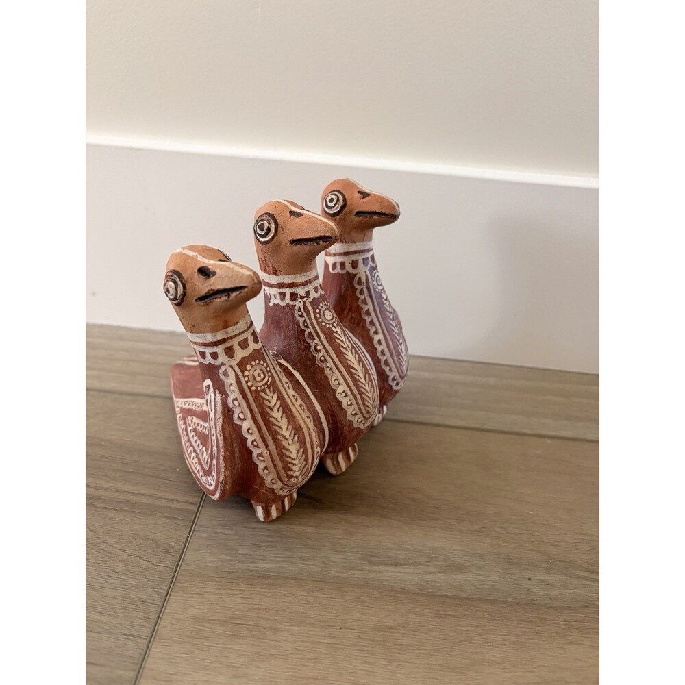 Vintage Peruvian Three Head Bird Whistling Vessel Huaco Silbador Clay